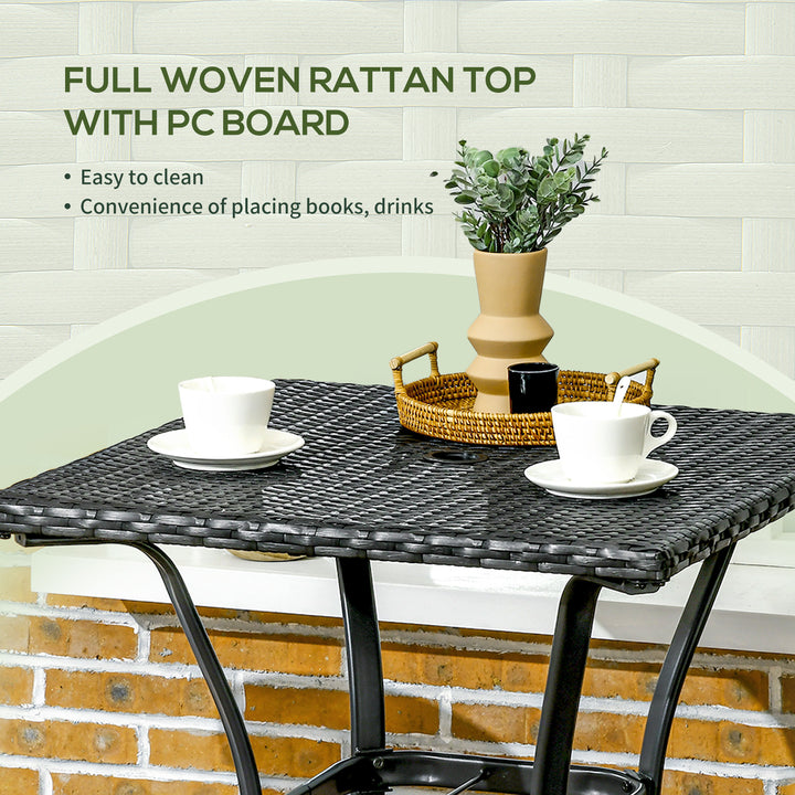 Outsunny Patio Wicker Dining Table with Umbrella Hole, 34 Inch Outdoor PE Rattan Coffee Table with Plastic Board Under the Woven Table Top for Patio, Garden, Balcony, Black
