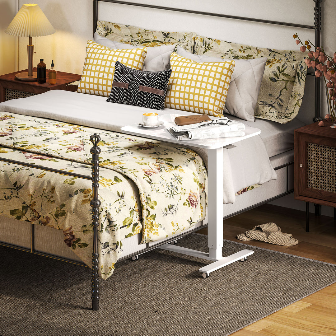 HOMCOM Pneumatic Standing Desk Adjustable Height, Mobile Stand Up Desk with Wheels, 43 Inch Portable Rolling Table, White