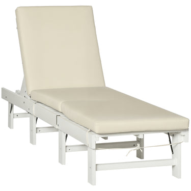 Outsunny Wooden Folding Chaise Lounge, Outdoor Chaise Lounge Chair, Garden Reclining Tanning Chair with 4 Adjustable Back Soft Cushions, White