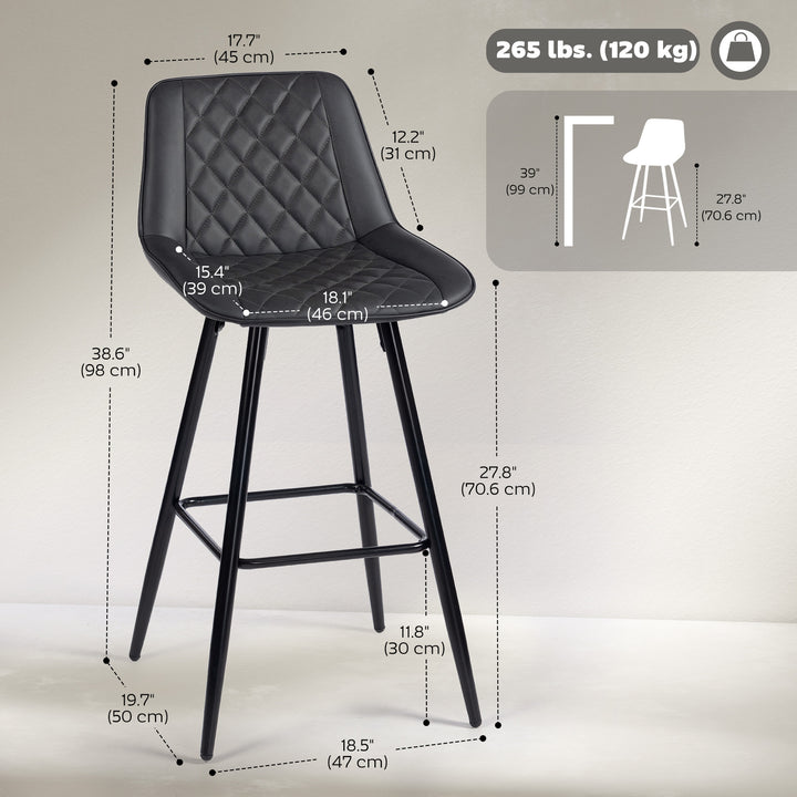 HOMCOM PU Leather Counter Height Bar Chairs Set of 2, 27.75" Bar Stools with Metal Legs for Dining Area, Kitchen Island, Brown