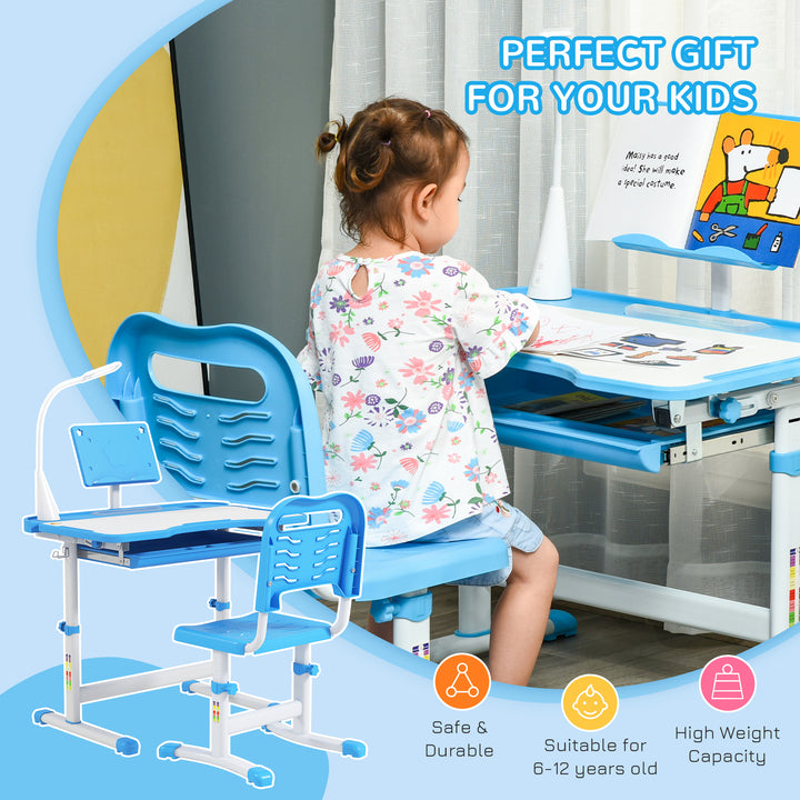 Qaba Kids Desk and Chair Set Height Adjustable Student Writing Desk Children School Study Table with Tilt Desktop, Grey