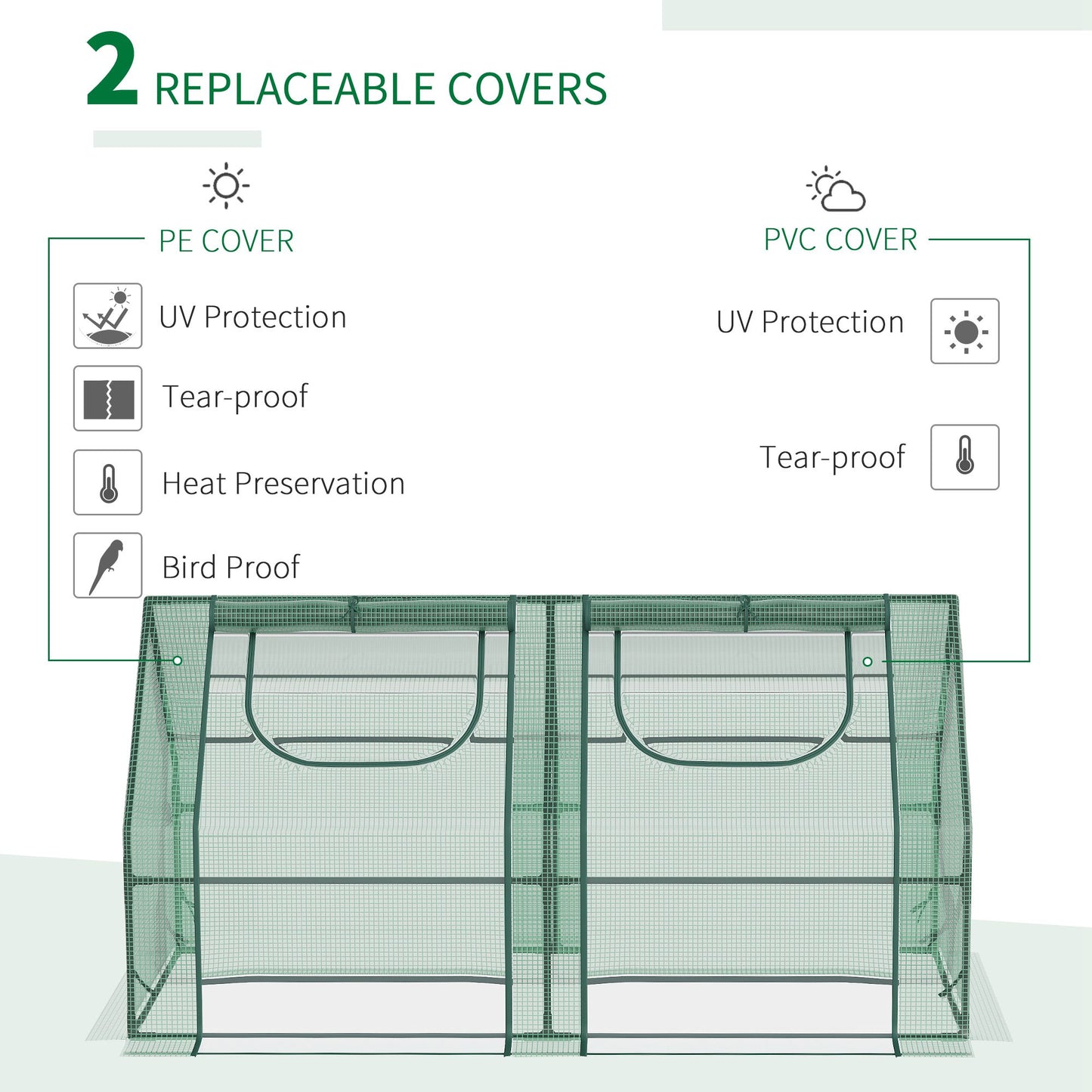 Outsunny 6' x 3' x 3' Portable Mini Greenhouse, Garden Green House Kit with 2 PE/Plastic Covers, Steel Frame and 2 Roll Up Zipper Windows, Dark Green