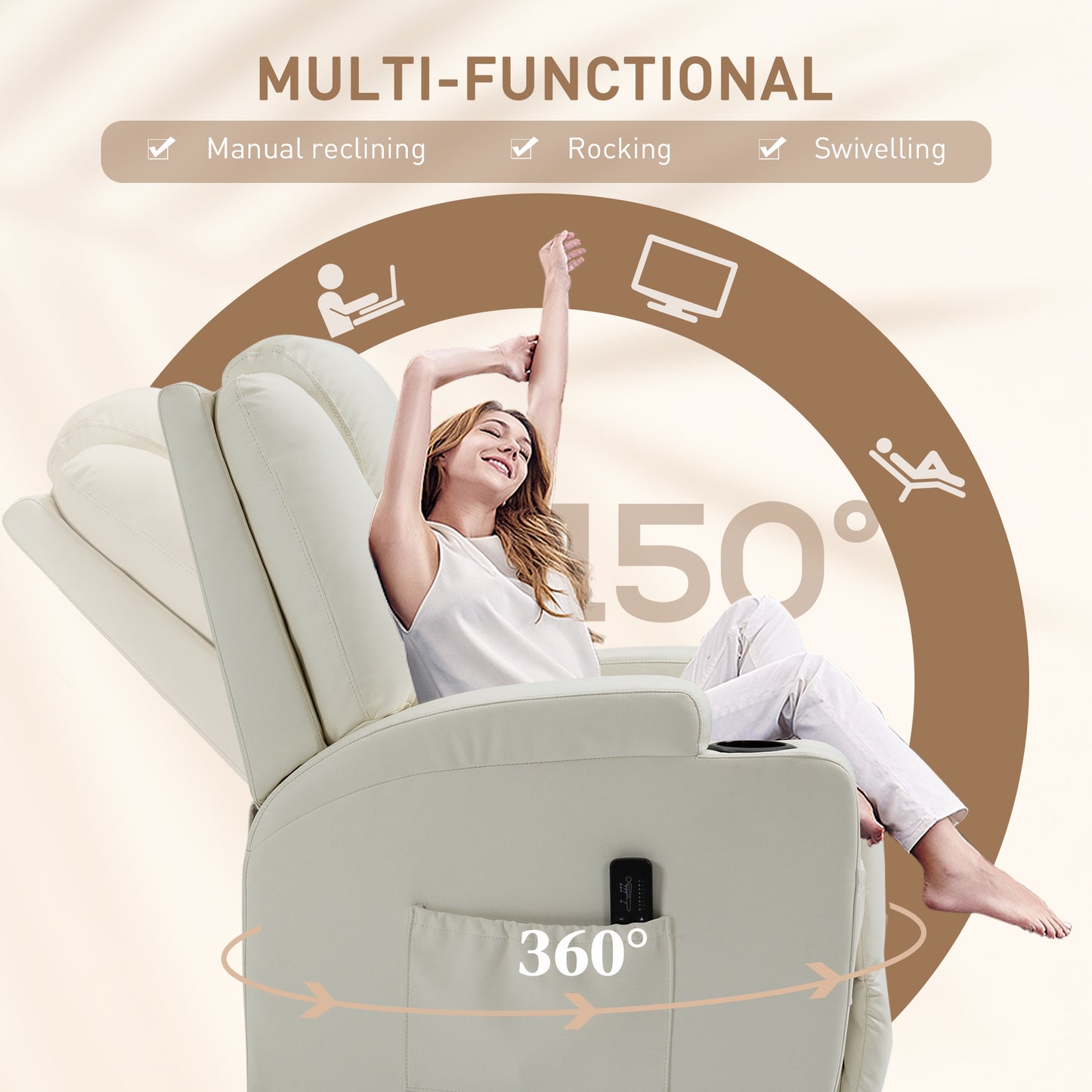 HOMCOM Massage Recliner Chair, Swivel Nursery Rocker Chair, Manual Reclining Sofa with 8 Vibration Points, PU Leather, Cup Holders, Side Pockets, for Living Room, Black