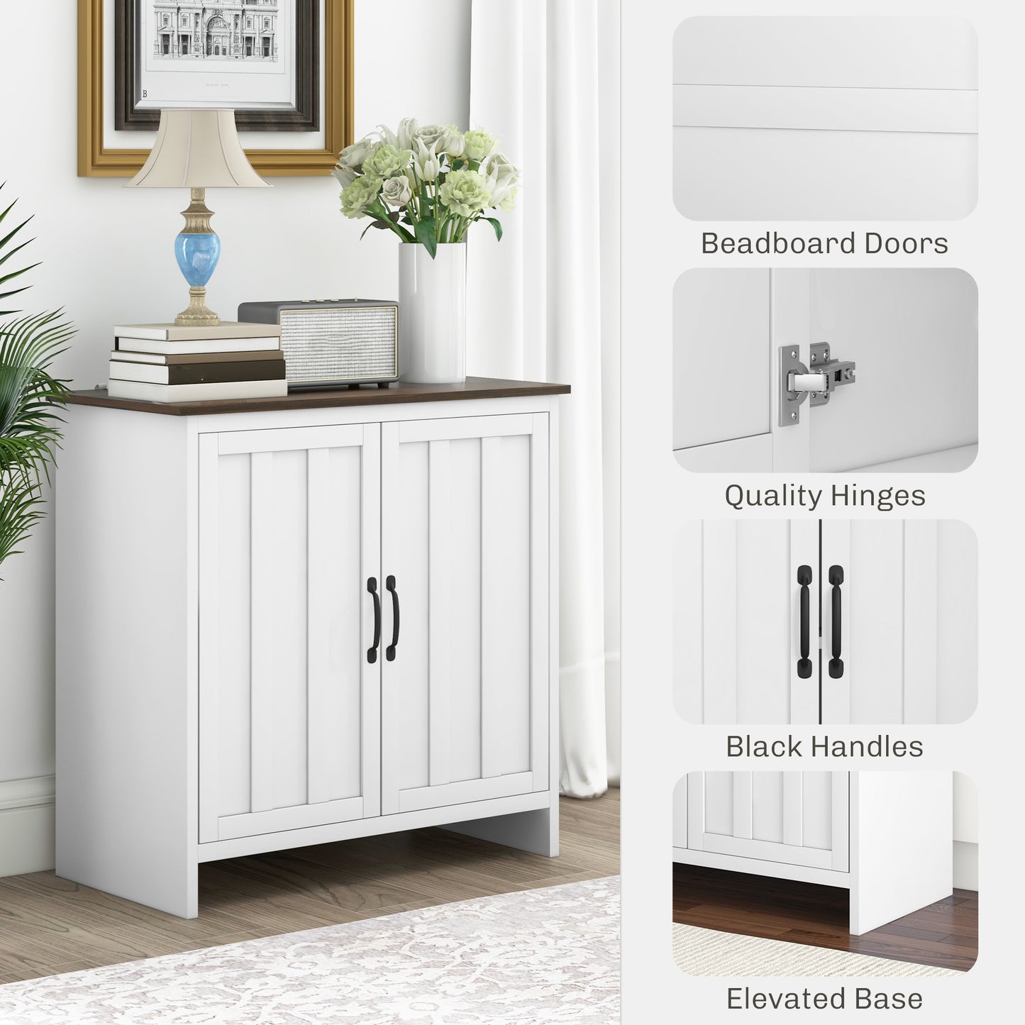 HOMCOM Kitchen Sideboard, Modern Storage Cabinet with Beadboard Doors and Adjustable Shelf for Dining Room, White