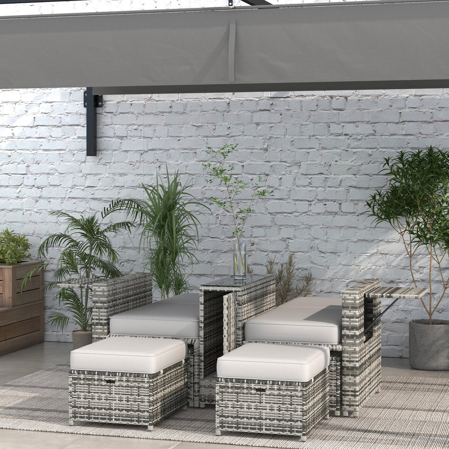 Outsunny 5PC Wicker Patio Lounger, Outdoor PE Rattan 5-level Adjustable Recliner Sofa Bed with Storage Side Table and Footstools, for Patio, Garden, Poolside, Khaki