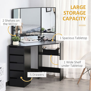HOMCOM Corner Vanity Table, Makeup Vanity Table with 5 Drawers and Open Shelves, Dressing Table with 3-piece Mirror for Bedroom, Black