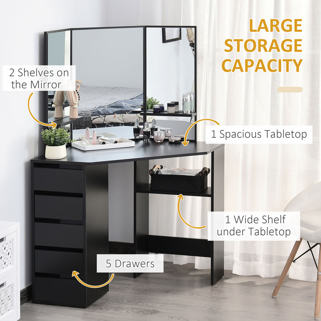 HOMCOM Corner Vanity Table, Makeup Vanity Table with 5 Drawers and Open Shelves, Dressing Table with 3-piece Mirror for Bedroom, Black
