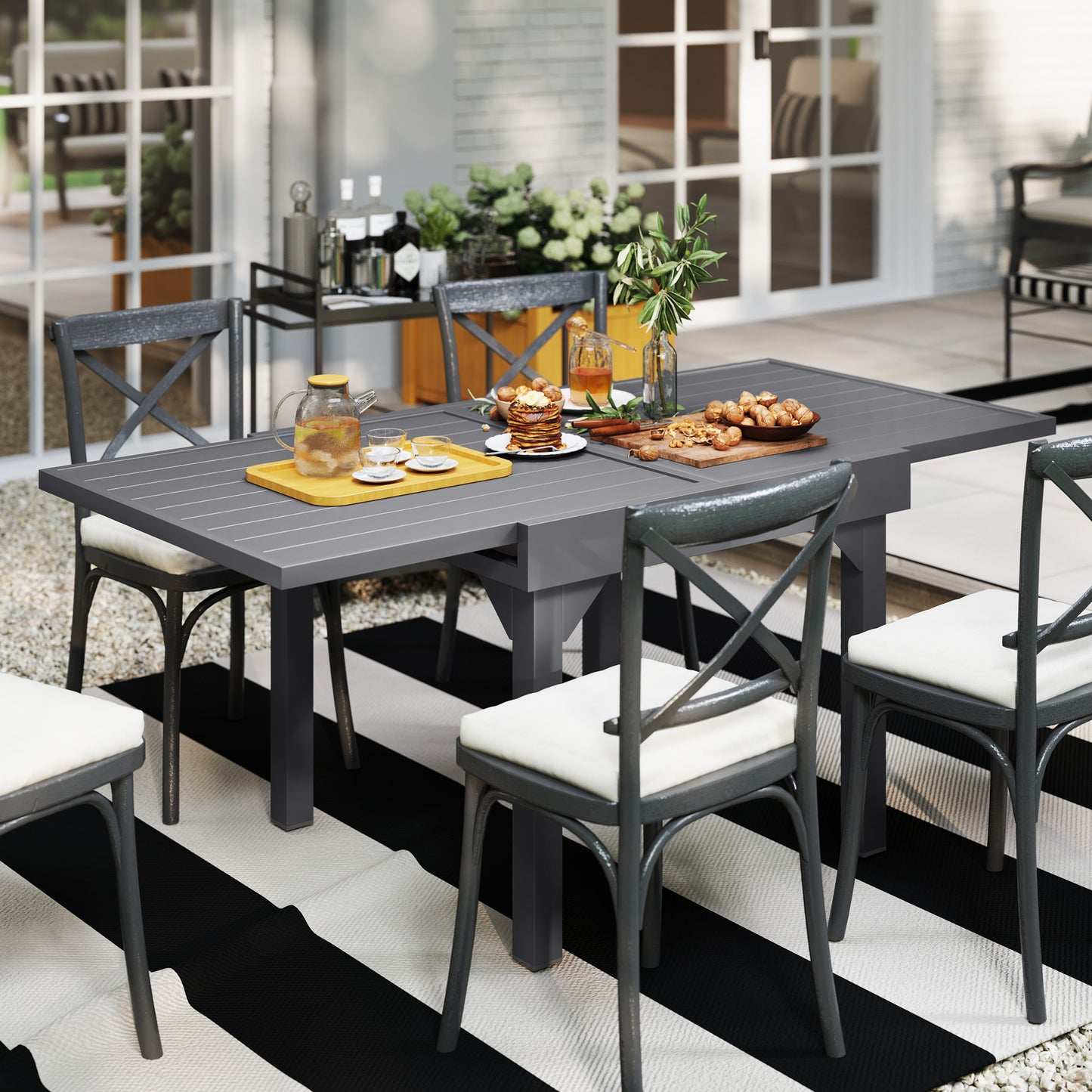 Outsunny 35"-71"  Extendable Aluminium Outdoor Dining Table, Slatted Top Patio Table for 4-6 Person, for Garden, Backyard, Grey