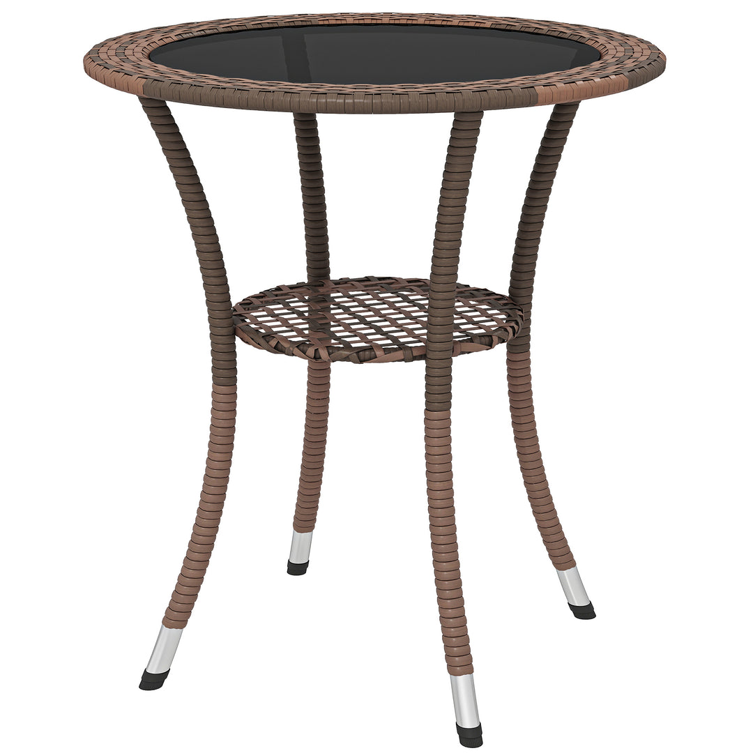 Outsunny Outdoor Rattan Dining Table, Patio Wicker Round Coffee Table with 2-Tier Storage Shelf, Brown