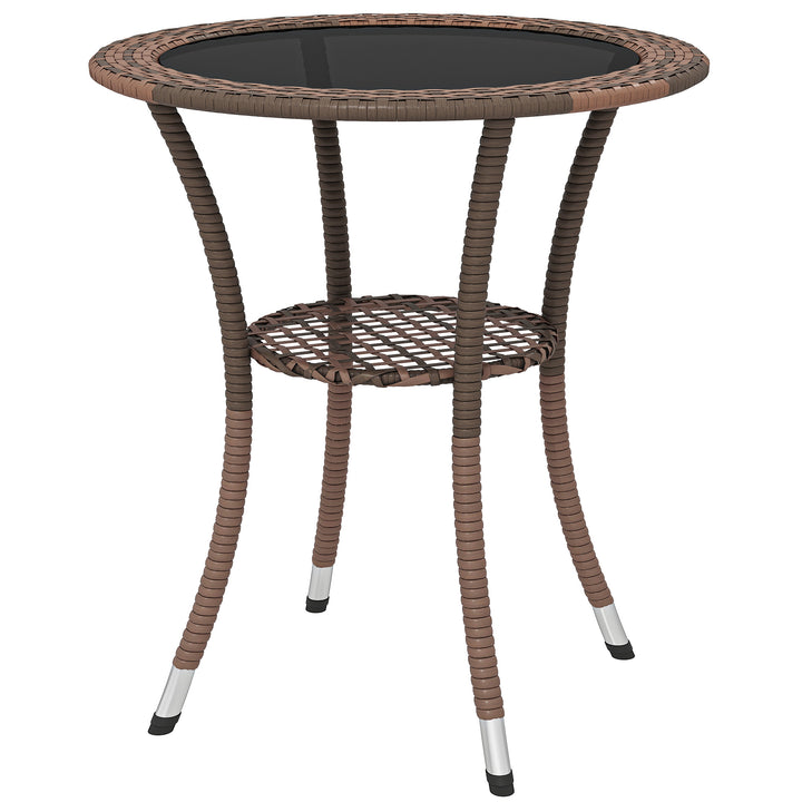 Outsunny Outdoor Rattan Dining Table, Patio Wicker Round Coffee Table with 2-Tier Storage Shelf, Brown