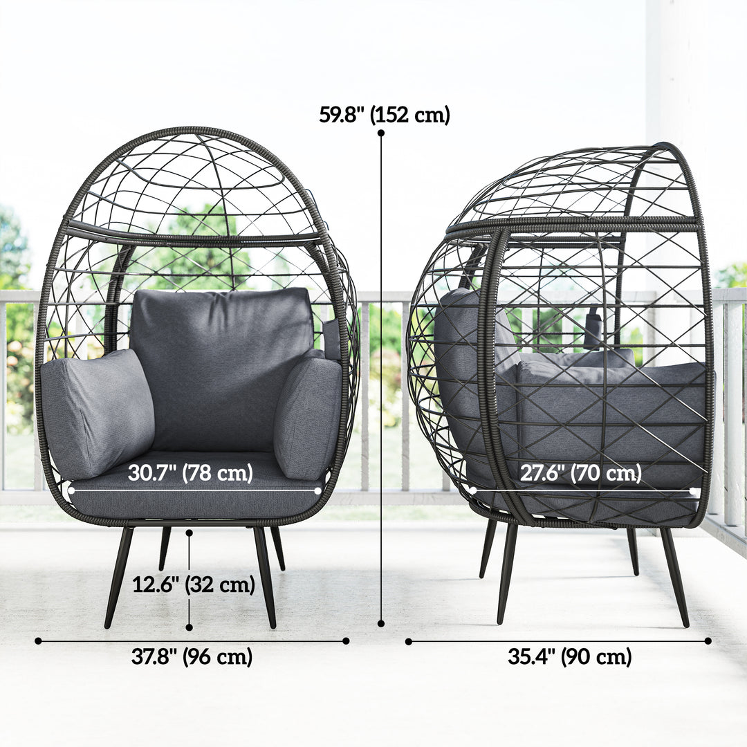 Outsunny Rattan Egg Chair, Indoor Outdoor Lounger with Cushions and Cup Holder for Backyard, Garden, Lawn, Living Room, Grey