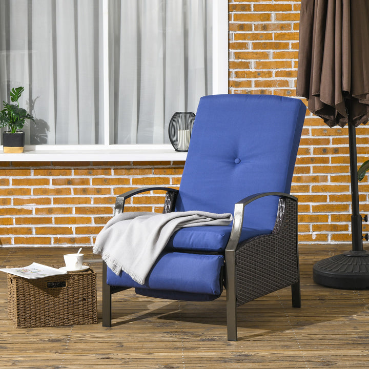 Outsunny Outdoor Rattan Recliner Chair, Wicker Reclining Chair with Adjustable Back Retractable Footrest Cushion Dark Blue