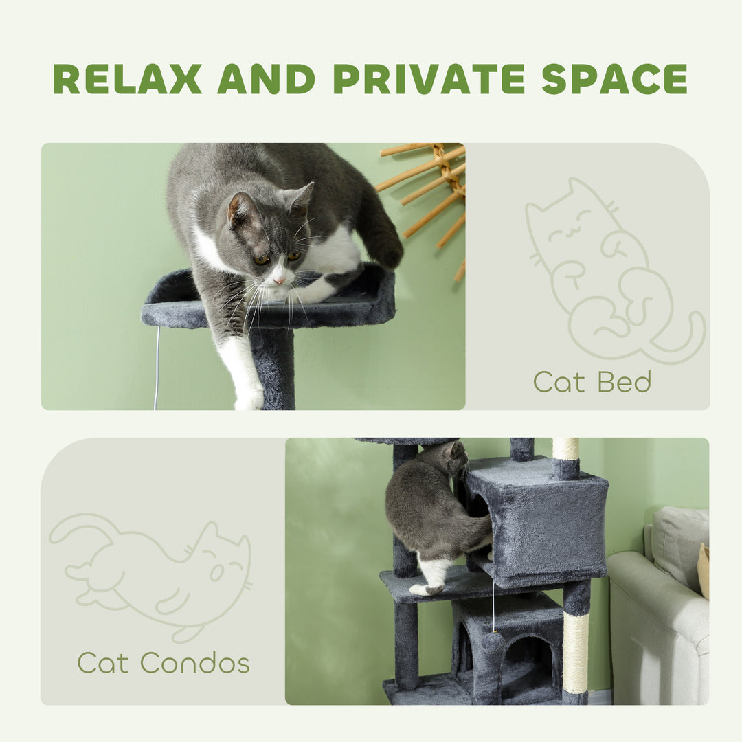 PawHut 54" Cat Tree, Multi-Level Cat Tower with Scratching Posts, Cat Condos, Bed, Platforms, Ramp, Toy Ball, Dark Blue