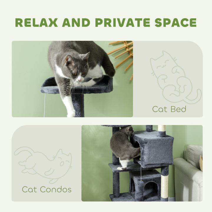 PawHut 54" Cat Tree, Multi-Level Cat Tower with Scratching Posts, Cat Condos, Bed, Platforms, Ramp, Toy Ball, Dark Blue