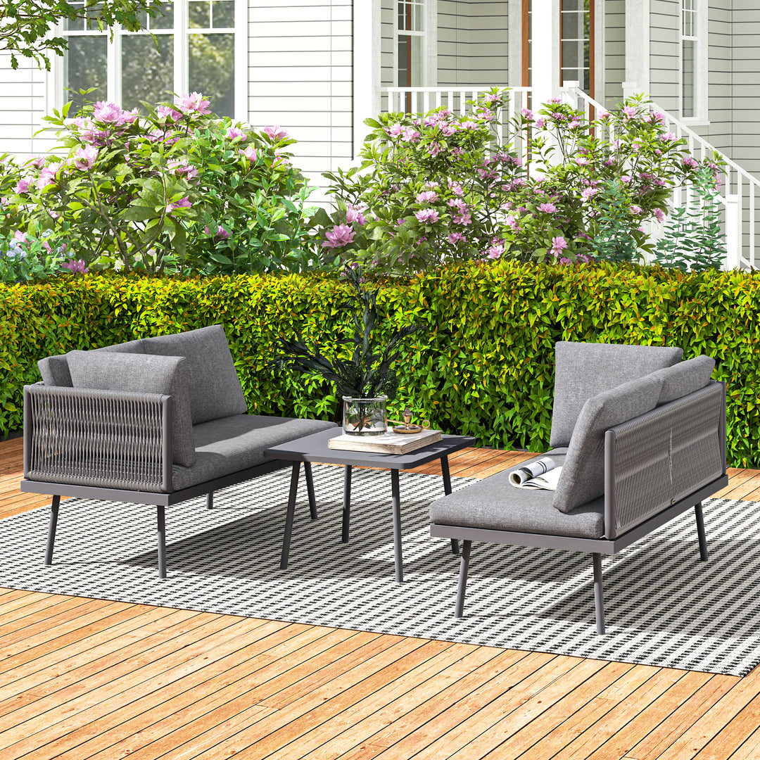 Outsunny 3 Pieces Outdoor Furniture Set, L Shaped Wicker Patio Furniture Conversation Set with Cushions, Steel Table, Grey
