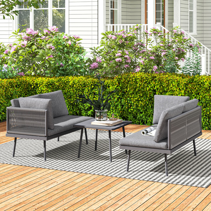 Outsunny 3 Pieces Outdoor Furniture Set, L Shaped Wicker Patio Furniture Conversation Set with Cushions, Steel Table, Grey