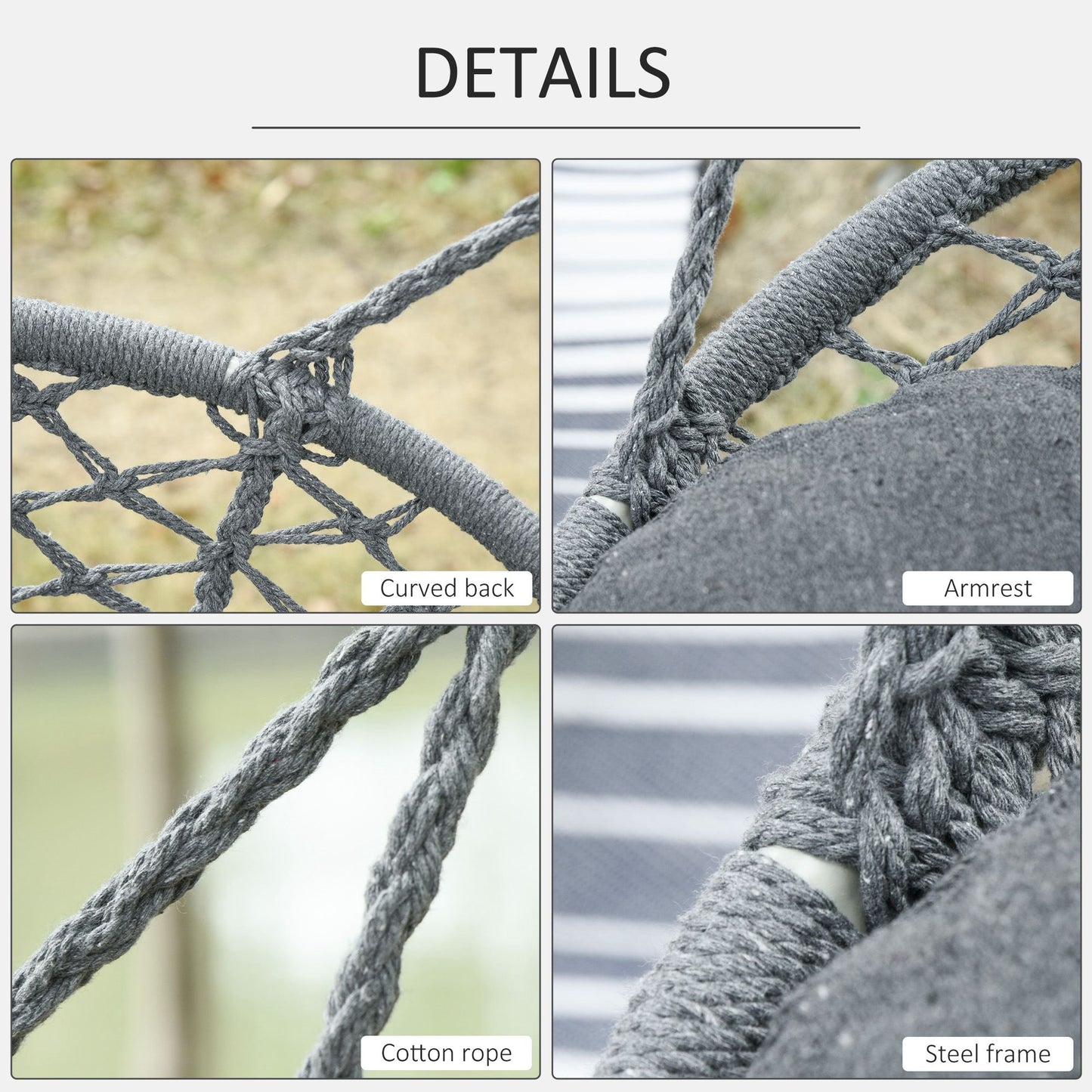 Outsunny Patio Hammock Chair 2 Seat, Hanging Rope Hammock Swing Chair with Metal Frame and Cushion, Large Macrame Seat for Indoor and Outdoor 396 lbs Capacity, Dark Grey