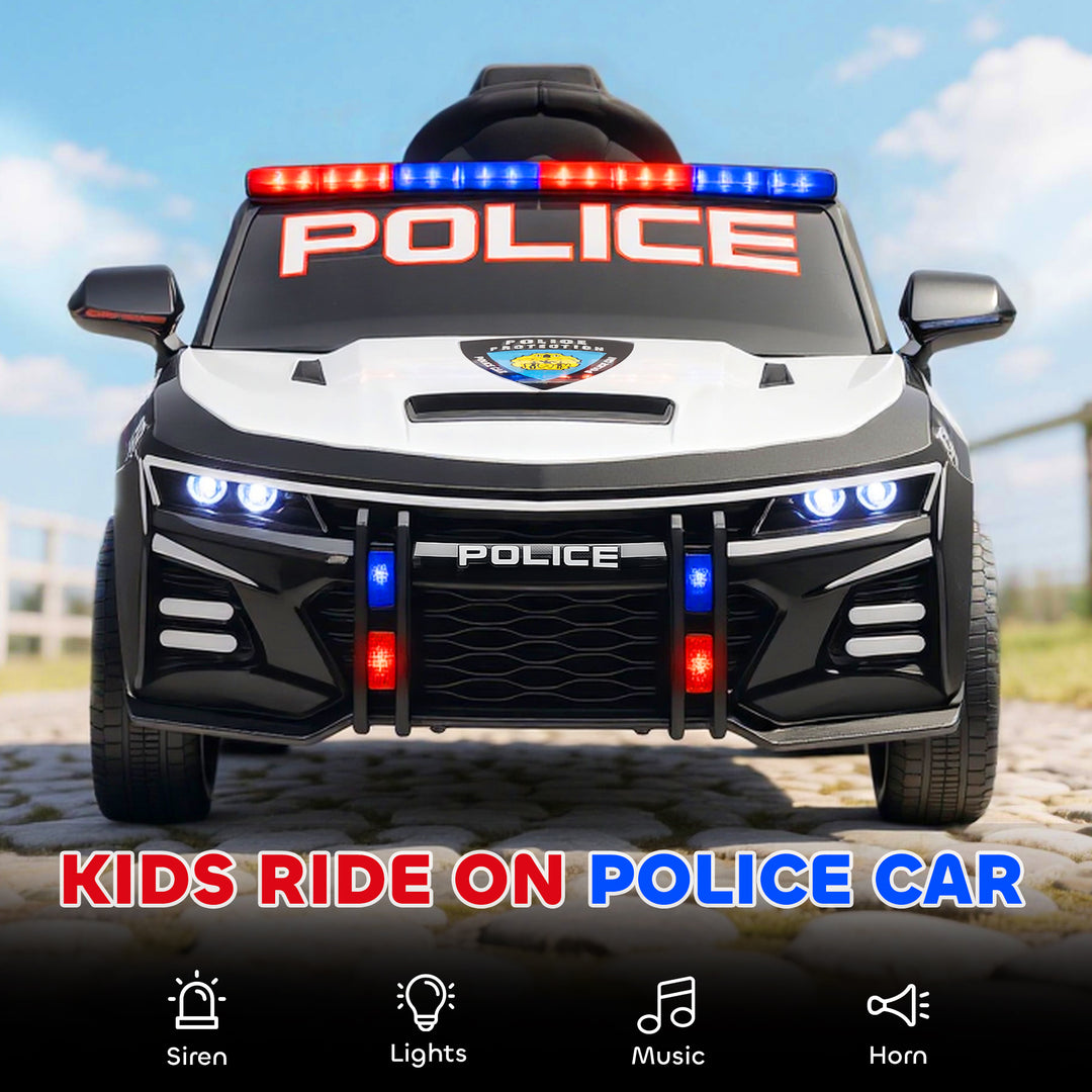 Qaba Kids Electric Ride on Police Car with Remote Control, Sirens, Flashing Lights, Music, Horn, Shock Absorbers, White