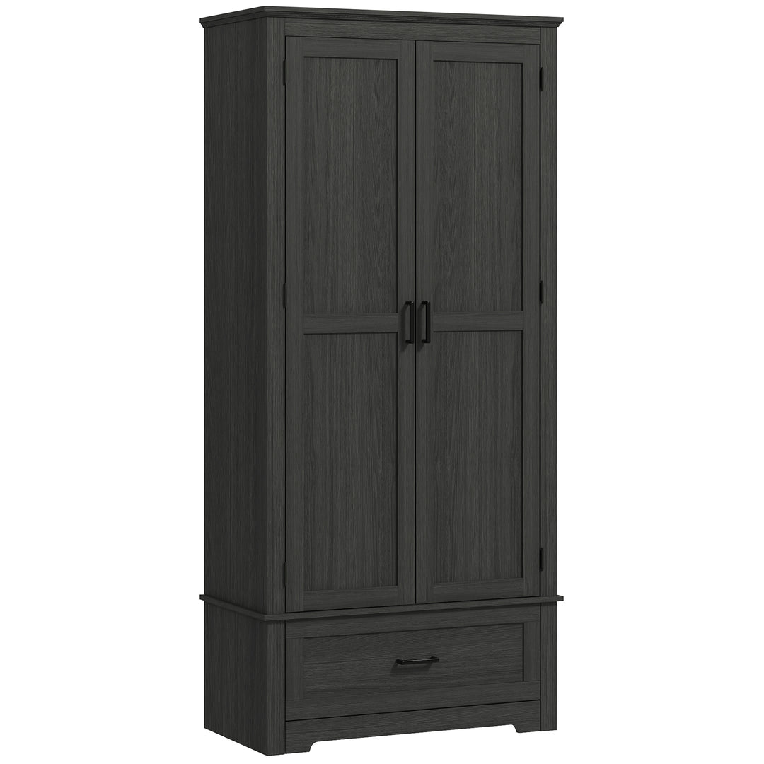 HOMCOM 69" Tall Farmhouse Kitchen Pantry Cabinet with 2 Doors, Drawer and Adjustable Shelves, Black Wood Grain