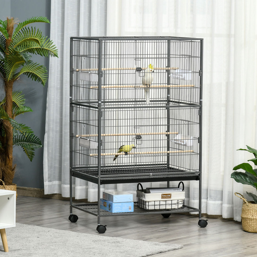 PawHut 52'' Large Rolling Steel Bird Cage Bird House with Rolling Stand, Storage Shelf, Wood Perch, Food Container, Dark Grey