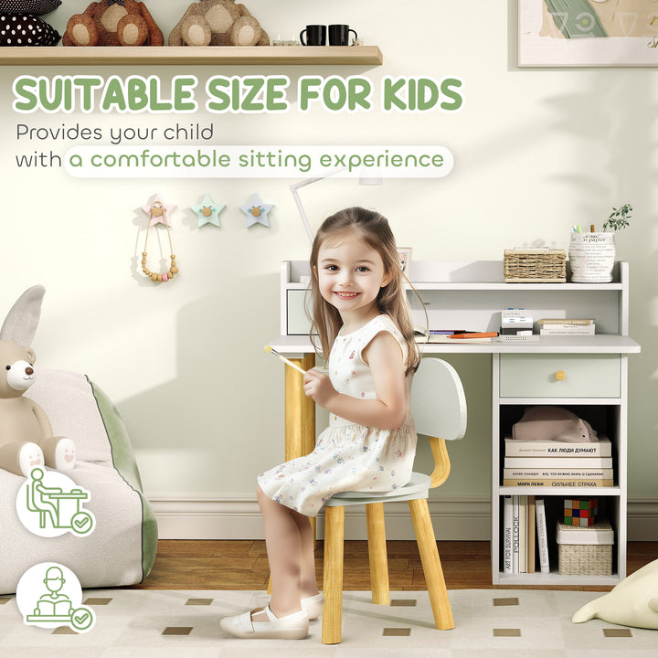 Qaba Kids Study Table and Chair Set, Kids Desk and Chair Set w/ Storage and Shelves, for 3-8 Year Old, Green