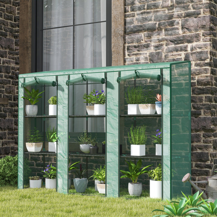 Outsunny Lean-to Greenhouse with 3 Tier Shelves, Mini Greenhouse with 3 Roll-Up Doors for Indoor Outdoor, Green