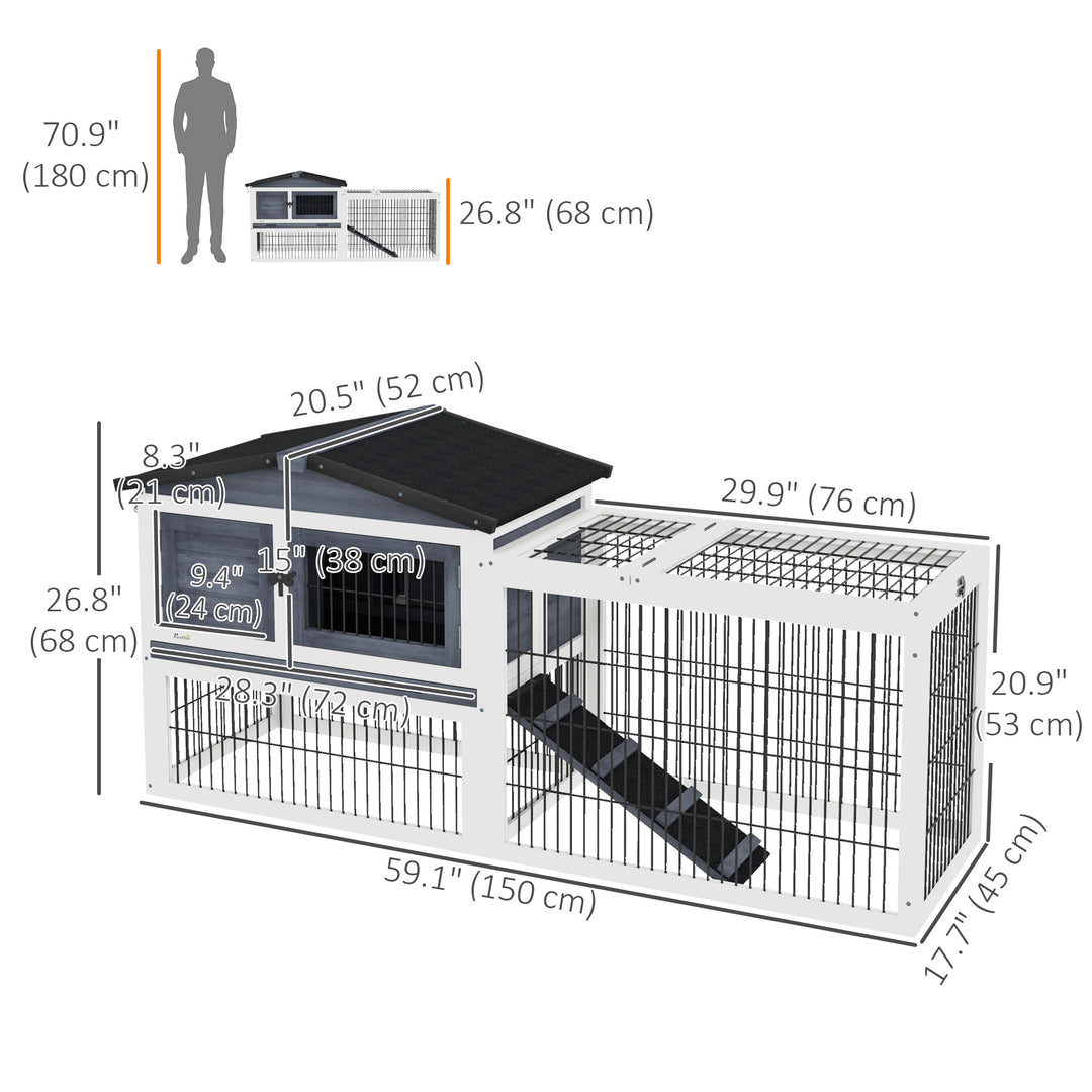 PawHut Wood Rabbit Hutch w/ Ramp, Openable Roof, Pull-out Tray, Light Grey