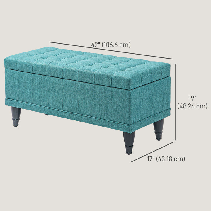 HOMCOM Storage Ottoman, Linen Fabric End of Bed Bench with Button Tufted Storage Bench for Bedroom, Green