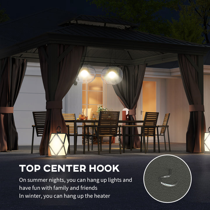 Outsunny 10' x 12' Outdoor Hardtop Gazebo with Galvanized Canopy & Netting Sidewalls for Lawn, Backyard, Dark Brown