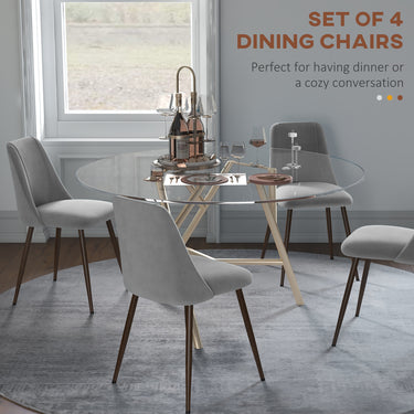 HOMCOM Upholstered Dining Chairs Set of 4, Velvet Accent Chair with Back and Wood-grain Steel Leg for Kitchen, Grey