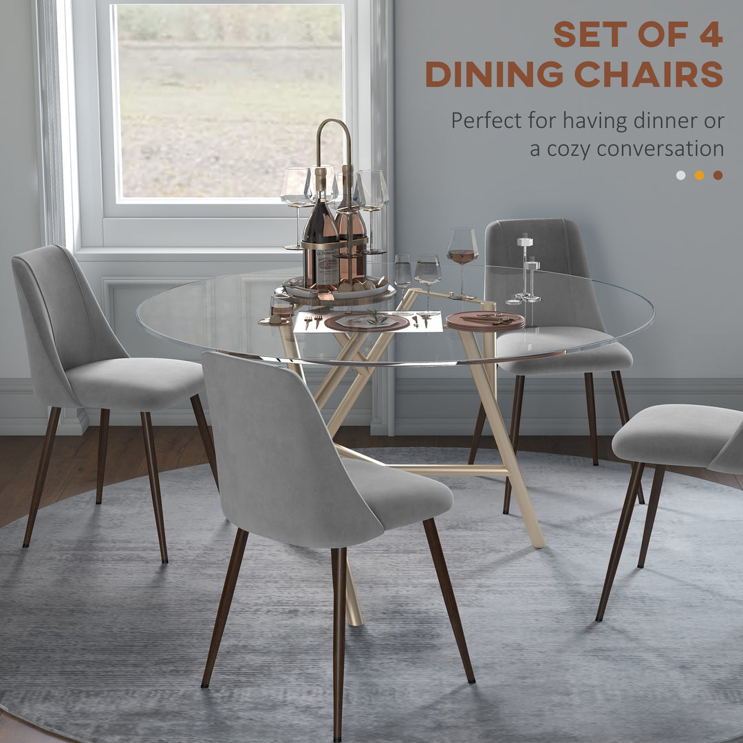 HOMCOM Upholstered Dining Chairs Set of 4, Velvet Accent Chair with Back and Wood-grain Steel Leg for Kitchen, Grey