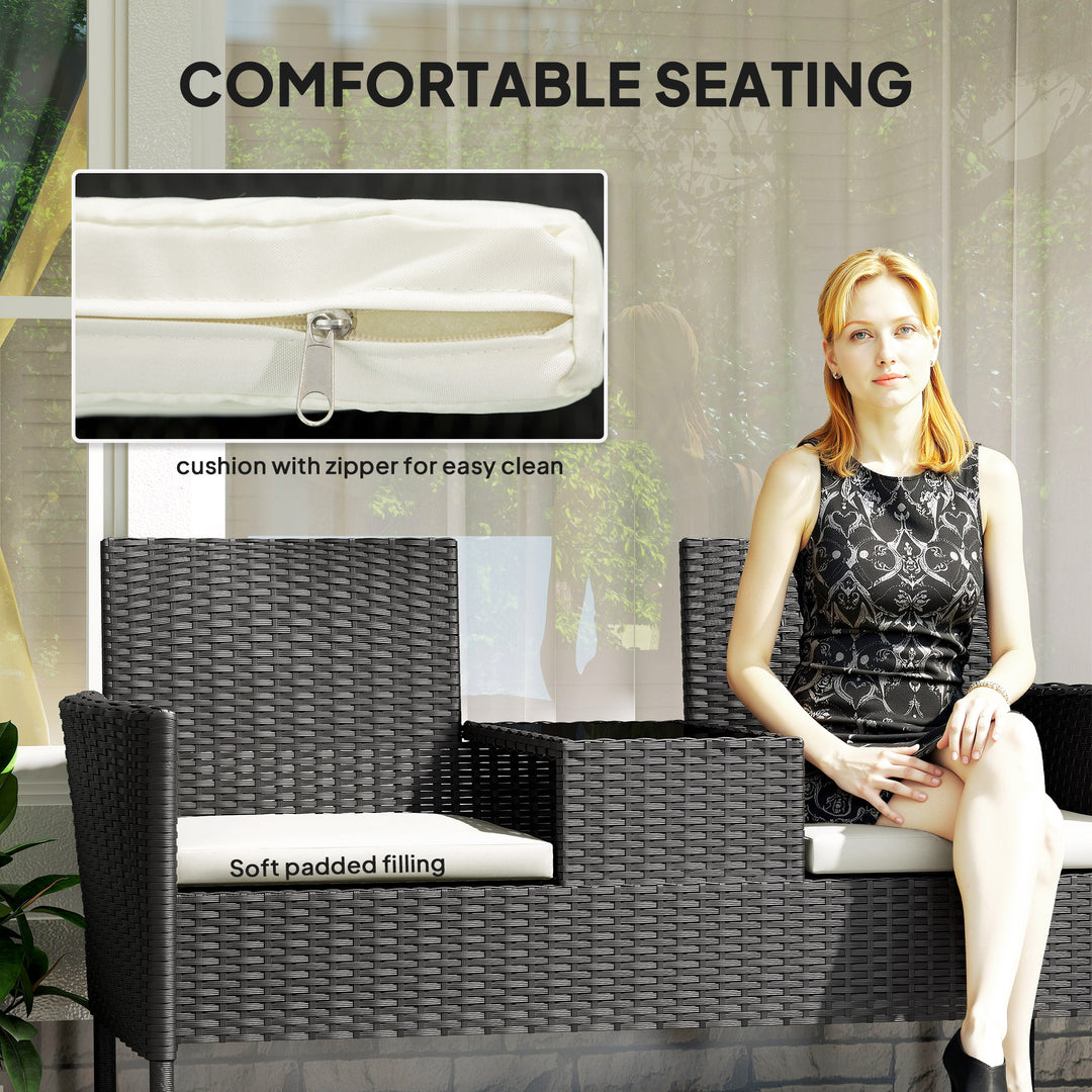 Outsunny Patio Furniture w/ Mid-Table PE Rattan Loveseat w/ Cushion, Cream White