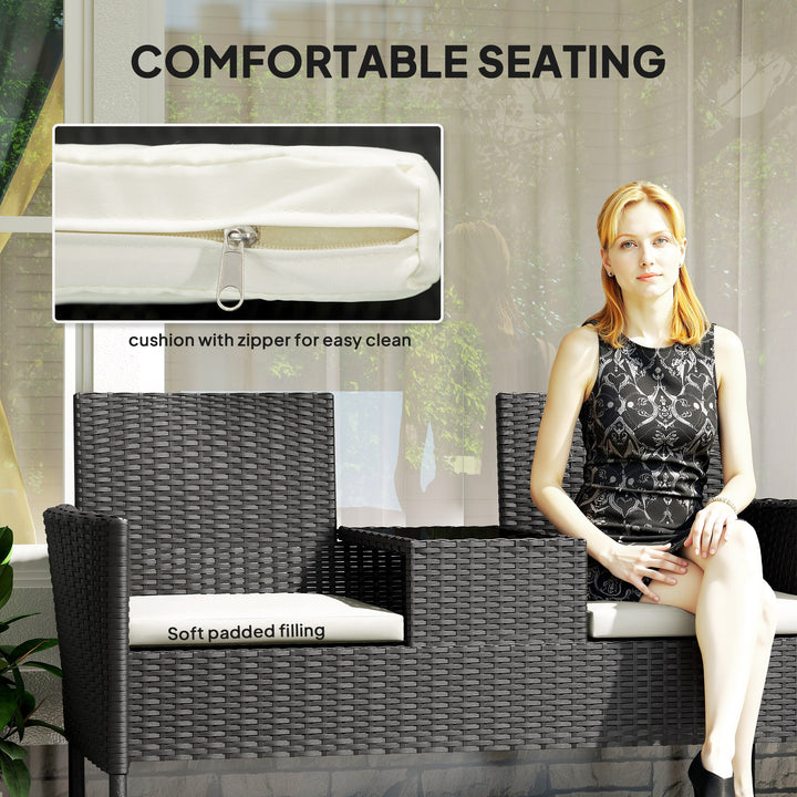 Outsunny Patio Furniture w/ Mid-Table PE Rattan Loveseat w/ Cushion, Cream White