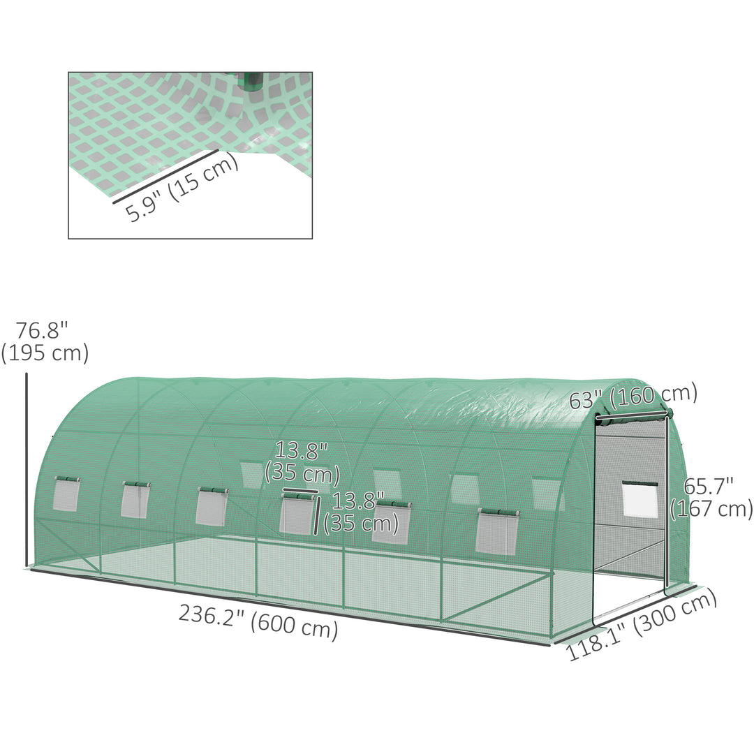 Outsunny 20' x 10' Walk-in Greenhouse with Sprinkler System, Tunnel Green House with Wide Roll-up Door, 12 Mesh Windows, Green