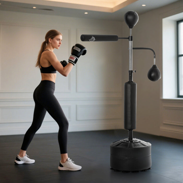 Soozier 4-in-1 Free Standing Punching Bag, Height Adjustable Boxing Bag with 2 Speed Balls, 360° Reflex Bar, Black