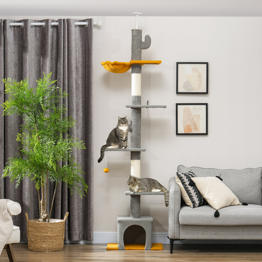 PawHut Floor to Ceiling Cat TreeTower with 90.5"-108" Adjustable Height, Scratching Posts, Hammock, Comdo, Toy Ball, Light Grey