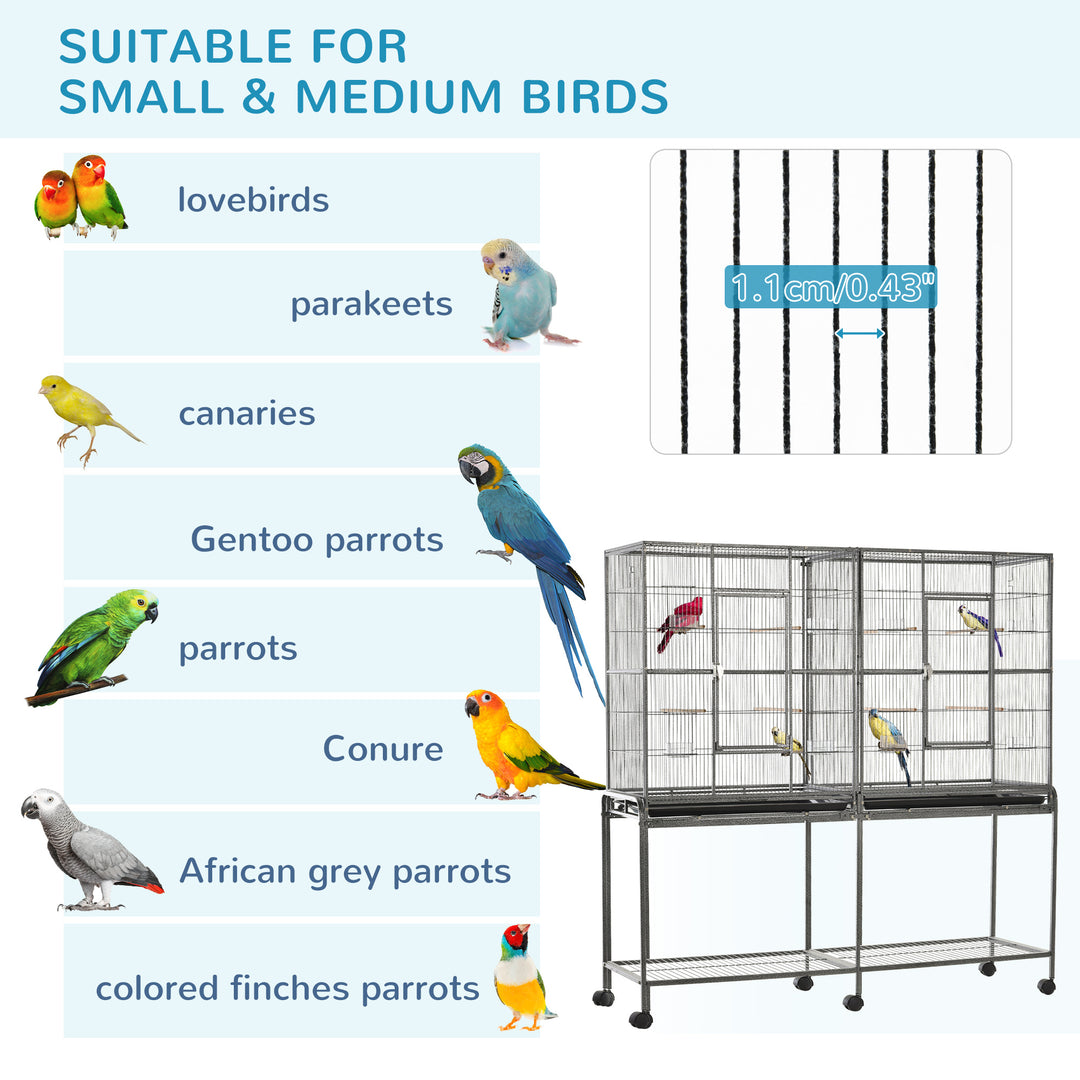 PawHut 64" Extra Large Bird Cage, Rolling Metal Parrot Cage, Bird House with Detachable Rolling Stand, Storage Shelf, Wood Perch, Food Container, 62.8" x 18.9" x 64.2"