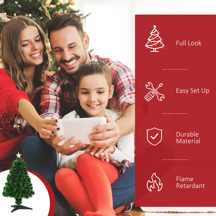 HOMCOM 2.5FT Prelit Artificial Tabletop Christmas Tree with Fibre Optics Holiday Home Xmas Decoration for Table and Desk Geen