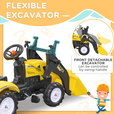Aosom Front Loader Excavator Ride On Toy Pedal Control with 6 Wheels Controllable Bucket for 3 Year Old, Yellow