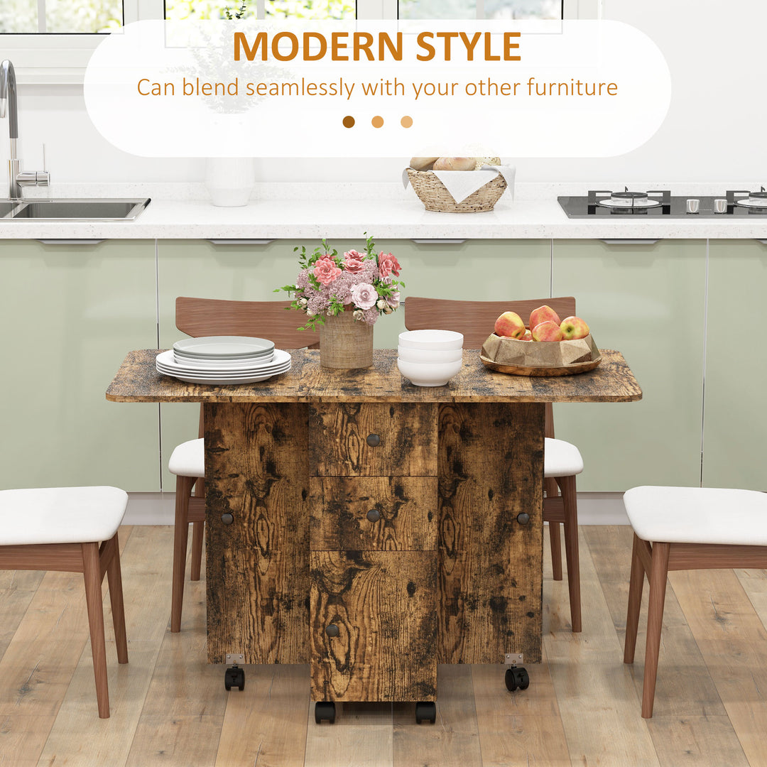 HOMCOM Foldable Dining Table, Rolling Kitchen Table with Storage Drawers and Cabinet, Drop Leaf Table on Wheels, White