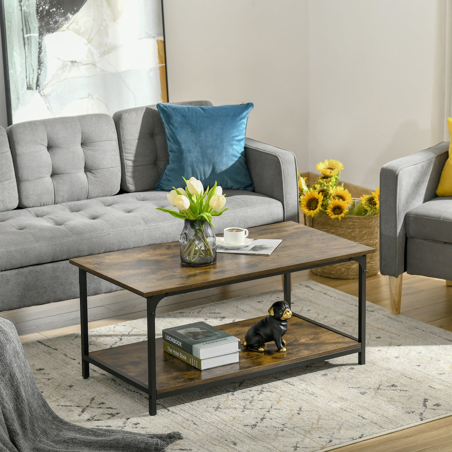 HOMCOM Industrial Coffee Table with Storage Shelf, 2-tier Center Table for Living Room, Rustic Brown