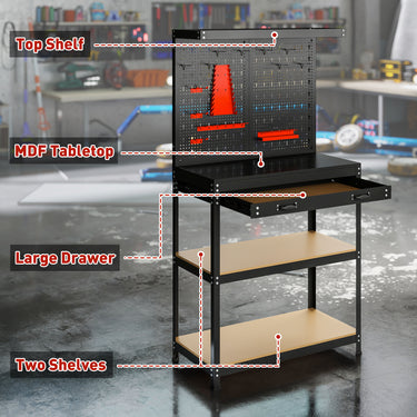HOMCOM Work Bench with Pegboard, 31.5" Heavy Duty Metal Workbench with Hanging Kits, 2 Lower Shelves and Large Drawer, Black