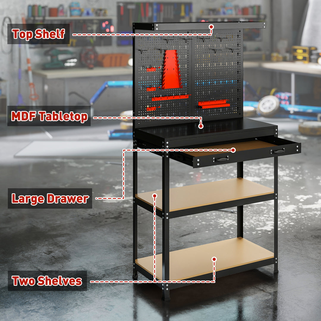 HOMCOM Work Bench with Pegboard, 31.5" Heavy Duty Metal Workbench with Hanging Kits, 2 Lower Shelves and Large Drawer, Black