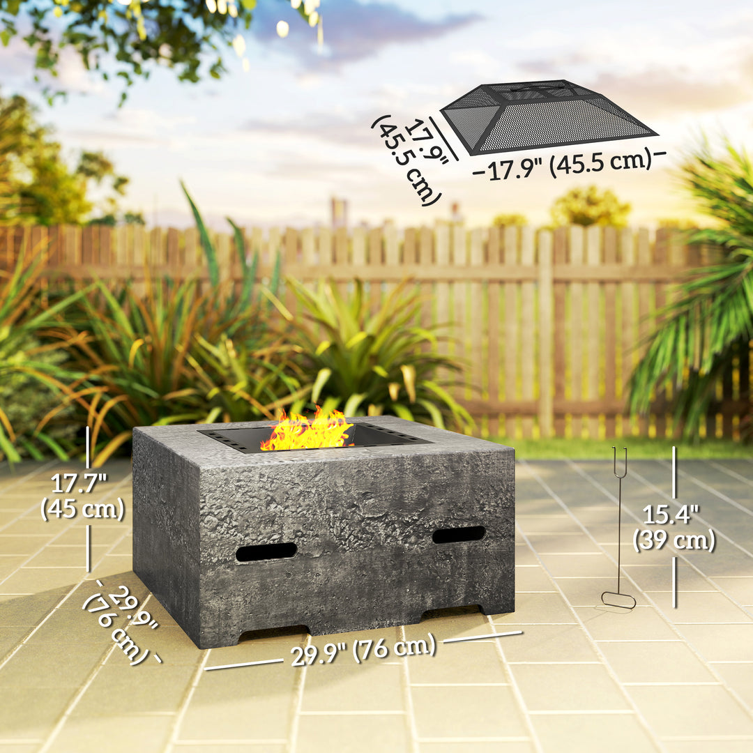 Outsunny Fire Pit with Fire Poker, Wood Burning Firepit for Outside with Mesh Lid, Magnesium Oxide Stone Texture, Charcoal Grey
