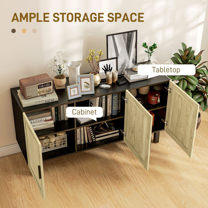 HOMCOM Boho Sideboard Buffet Cabinet with 3 Rattan Doors, Kitchen Cabinet with Adjustable Shelves, Black and Natural