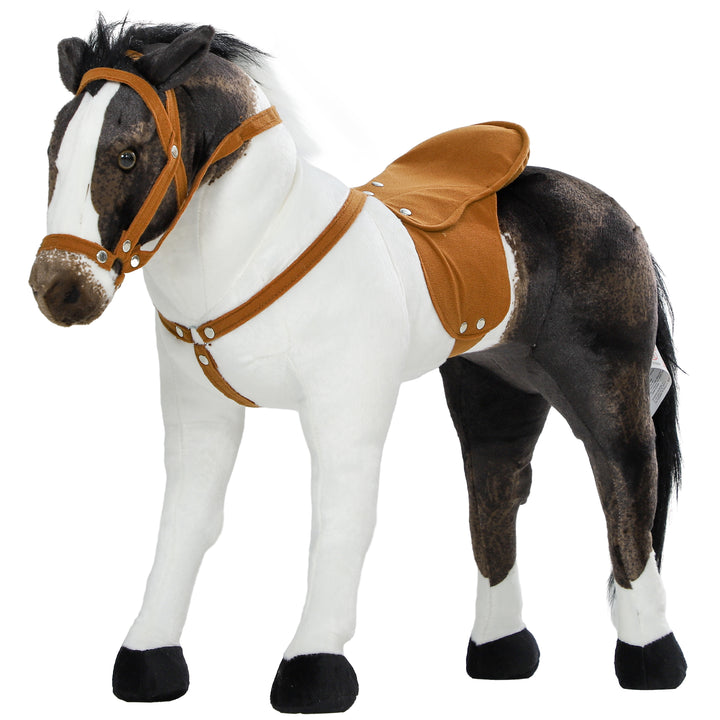 Qaba Standing Ride on Horse, Plush Pony Toy for Kids with Neighing Sound, Soft Padding, for Aged 3-8, Brown