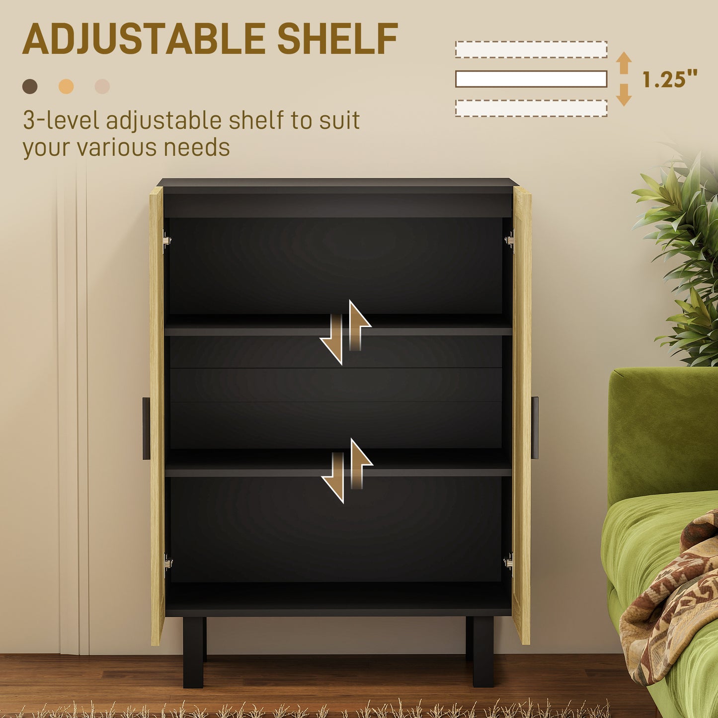 HOMCOM Boho Sideboard, Buffet Cabinet with Storage, Accent Cabinet with 2 Rattan Doors and Adjustable Shelves, Black