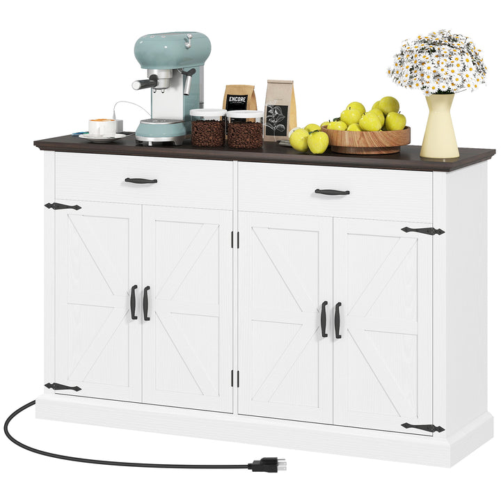 HOMCOM 55" Buffet Cabinet, Farmhouse Sideboard with 1.2" Thick Top, 4 Barn Doors, 2 Drawers and 2 Adjustable Shelves, White