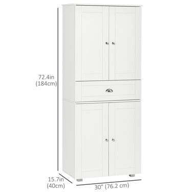 HOMCOM 72" Kitchen Pantry Cabinet, Modern Kitchen Pantry Storage Cabinet with 4 Doors and 3 Adjustable Shelves, White