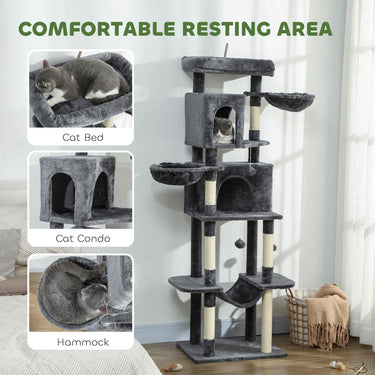 PawHut 69" Cat Tree, Multi-Level Cat Tower with 2 Condos, Plush Perch and Sisal Scratching Posts, Dark Grey